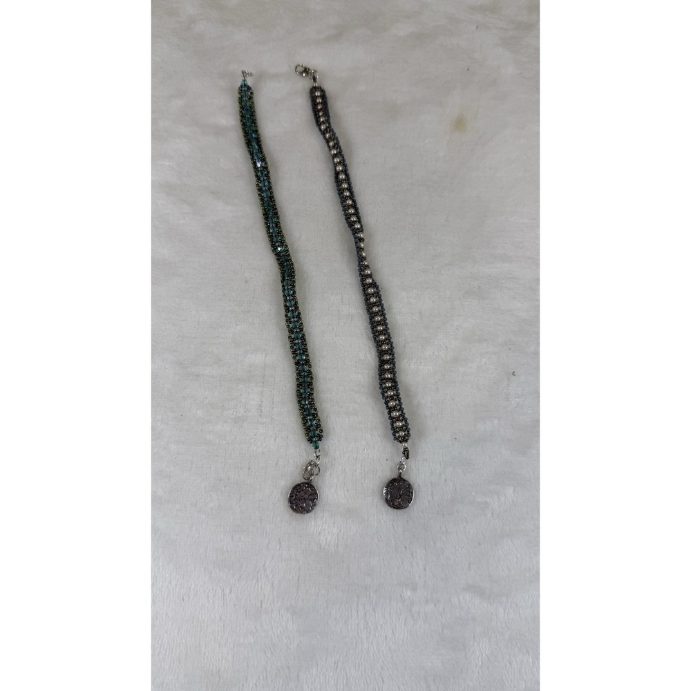 Handmade Beaded Bracelet Lot 2 Seed Bead‎ Faux Pearl Aqua Coin Charm Artisan